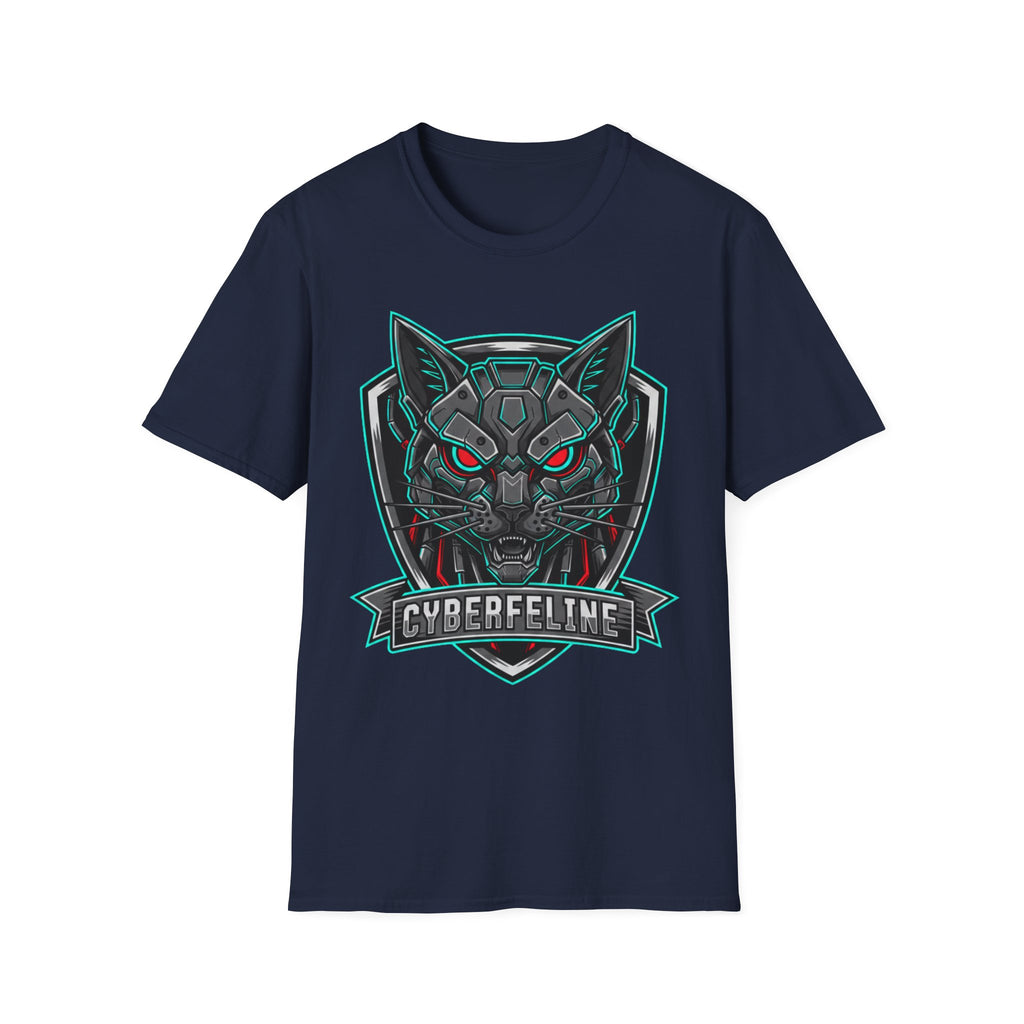 Cyber Wolf T-Shirt — Futuristic Neon Gamer Tee with 'Cyborg Feline' Badge