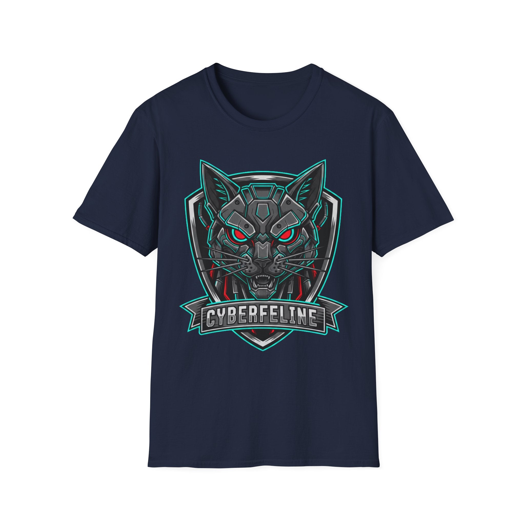 Cyber Wolf T-Shirt — Futuristic Neon Gamer Tee with 'Cyborg Feline' Badge