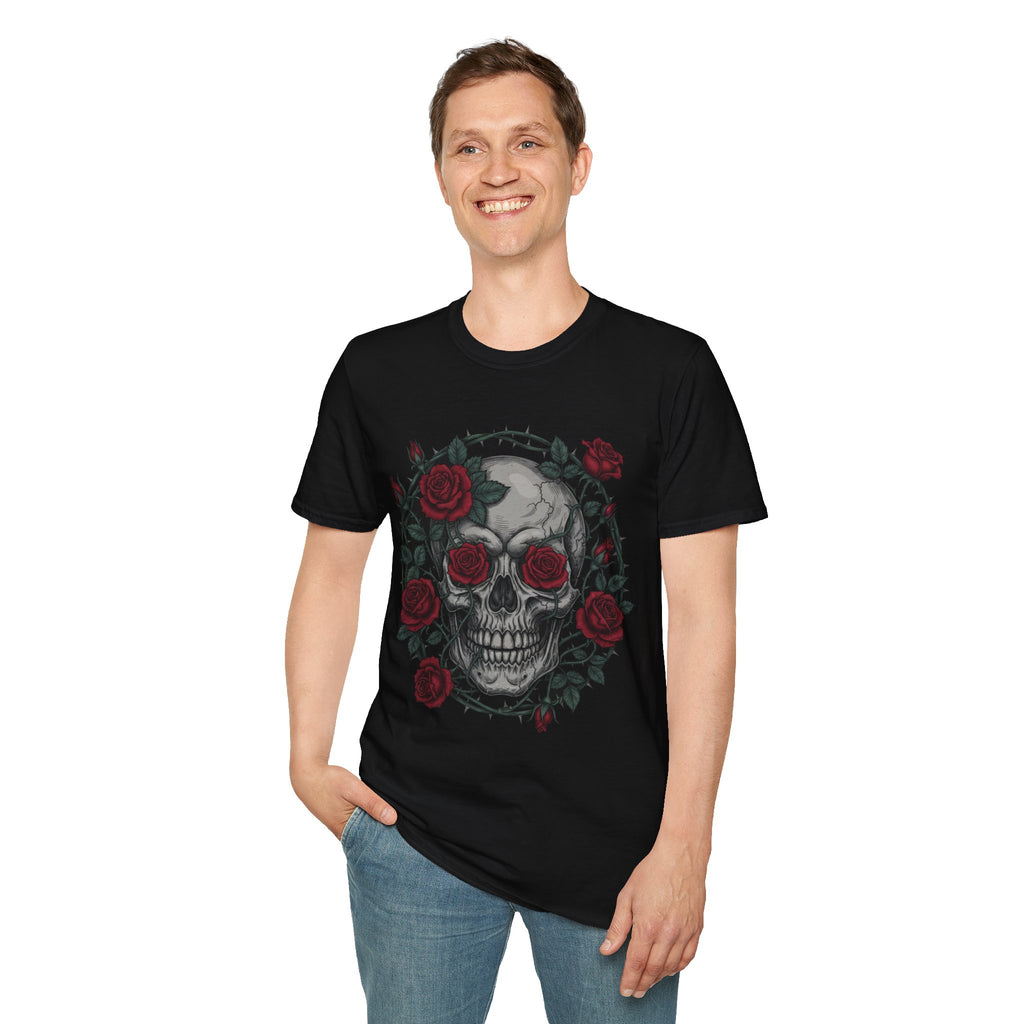 Skull & Roses Graphic T-Shirt — Gothic Floral Skull Tee