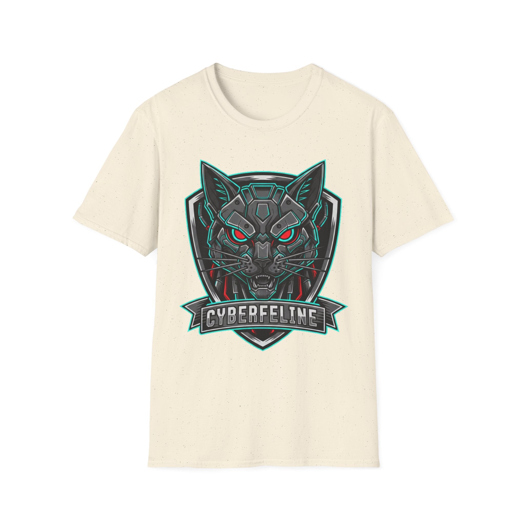 Cyber Wolf T-Shirt — Futuristic Neon Gamer Tee with 'Cyborg Feline' Badge