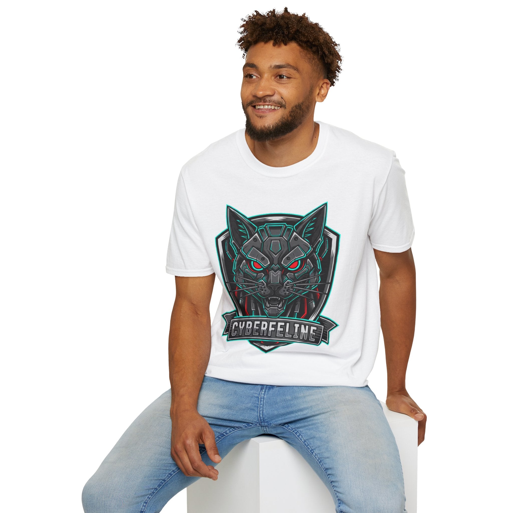 Cyber Wolf T-Shirt — Futuristic Neon Gamer Tee with 'Cyborg Feline' Badge