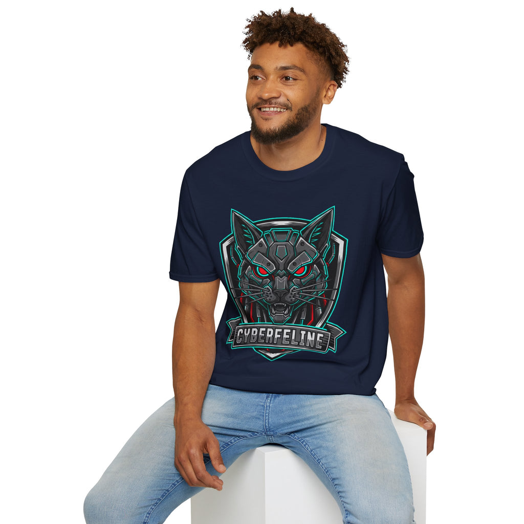 Cyber Wolf T-Shirt — Futuristic Neon Gamer Tee with 'Cyborg Feline' Badge