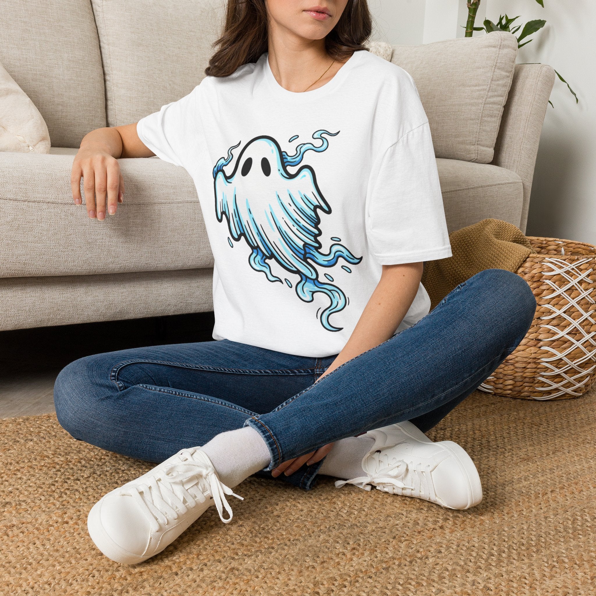 Ghost Graphic T-Shirt — Cute Blue Floating Ghost Halloween Tee