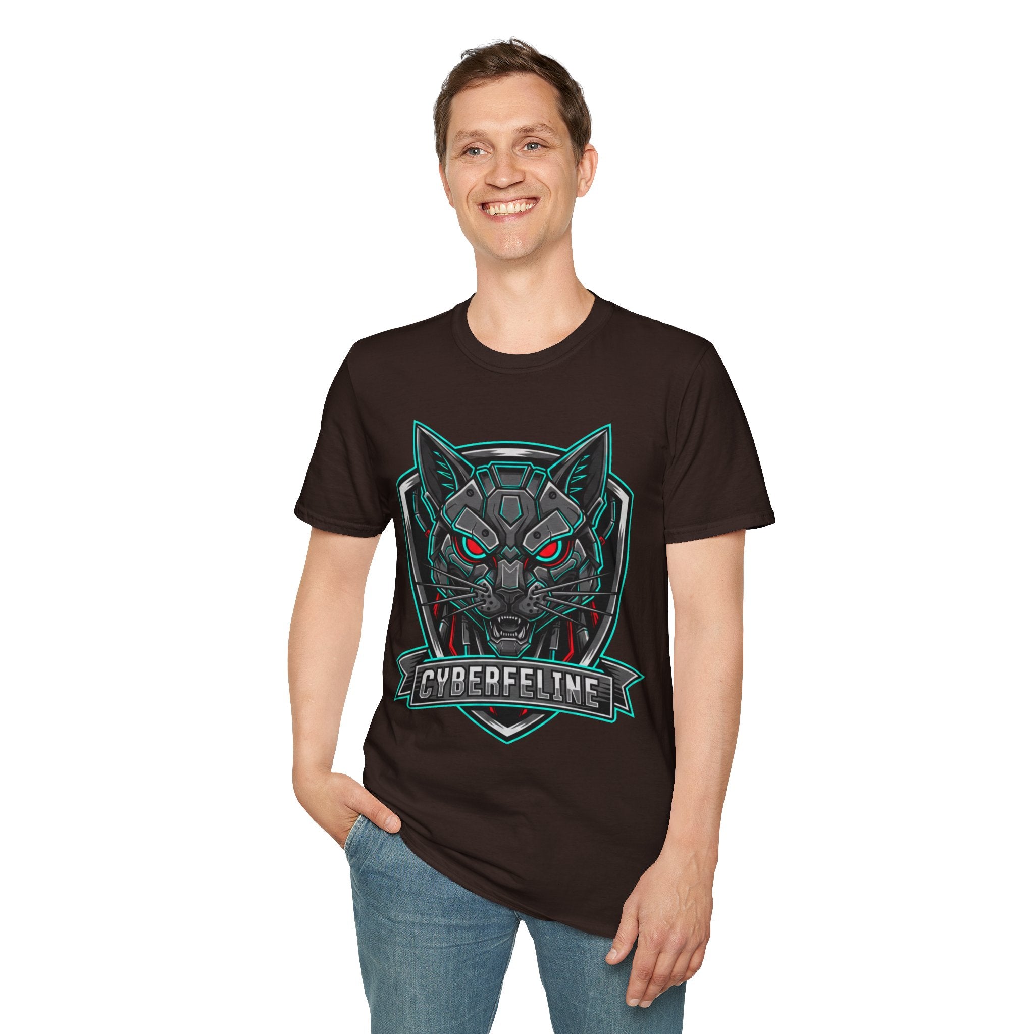 Cyber Wolf T-Shirt — Futuristic Neon Gamer Tee with 'Cyborg Feline' Badge