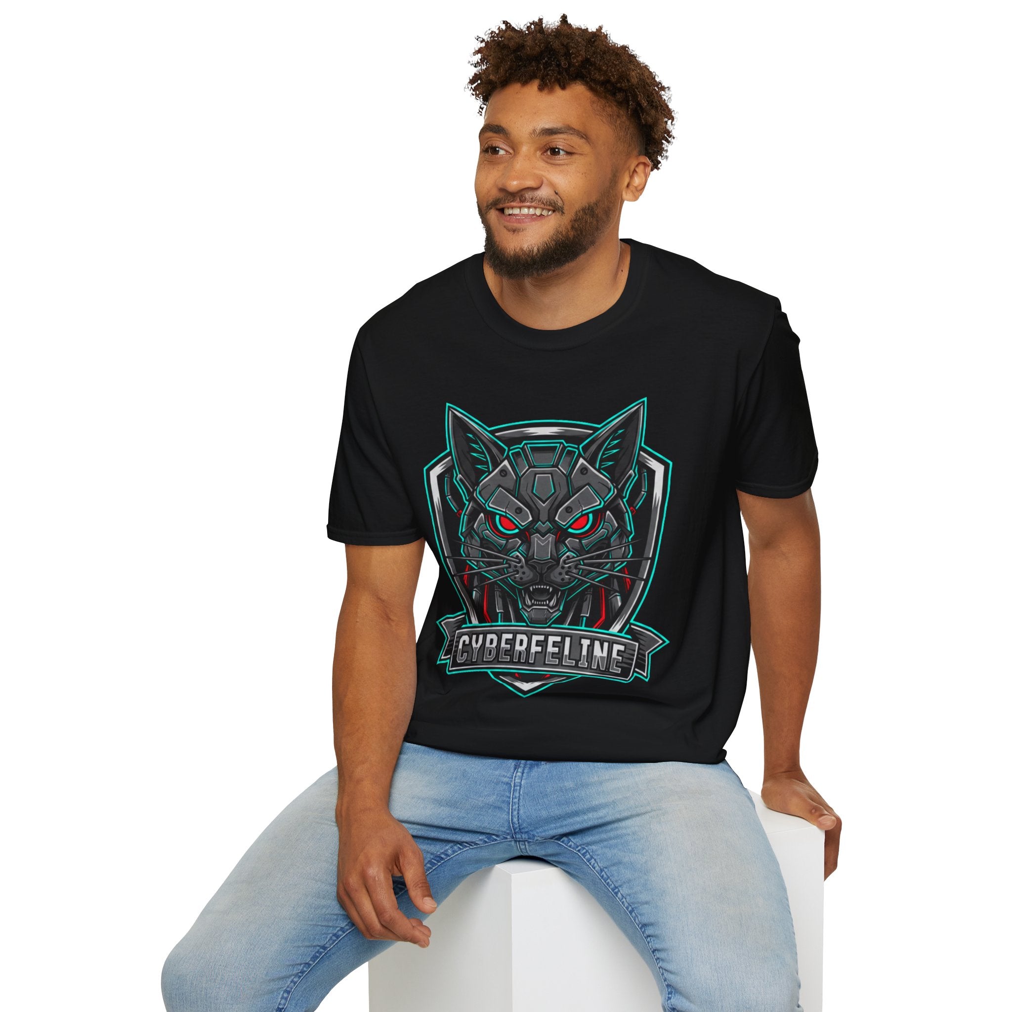 Cyber Wolf T-Shirt — Futuristic Neon Gamer Tee with 'Cyborg Feline' Badge