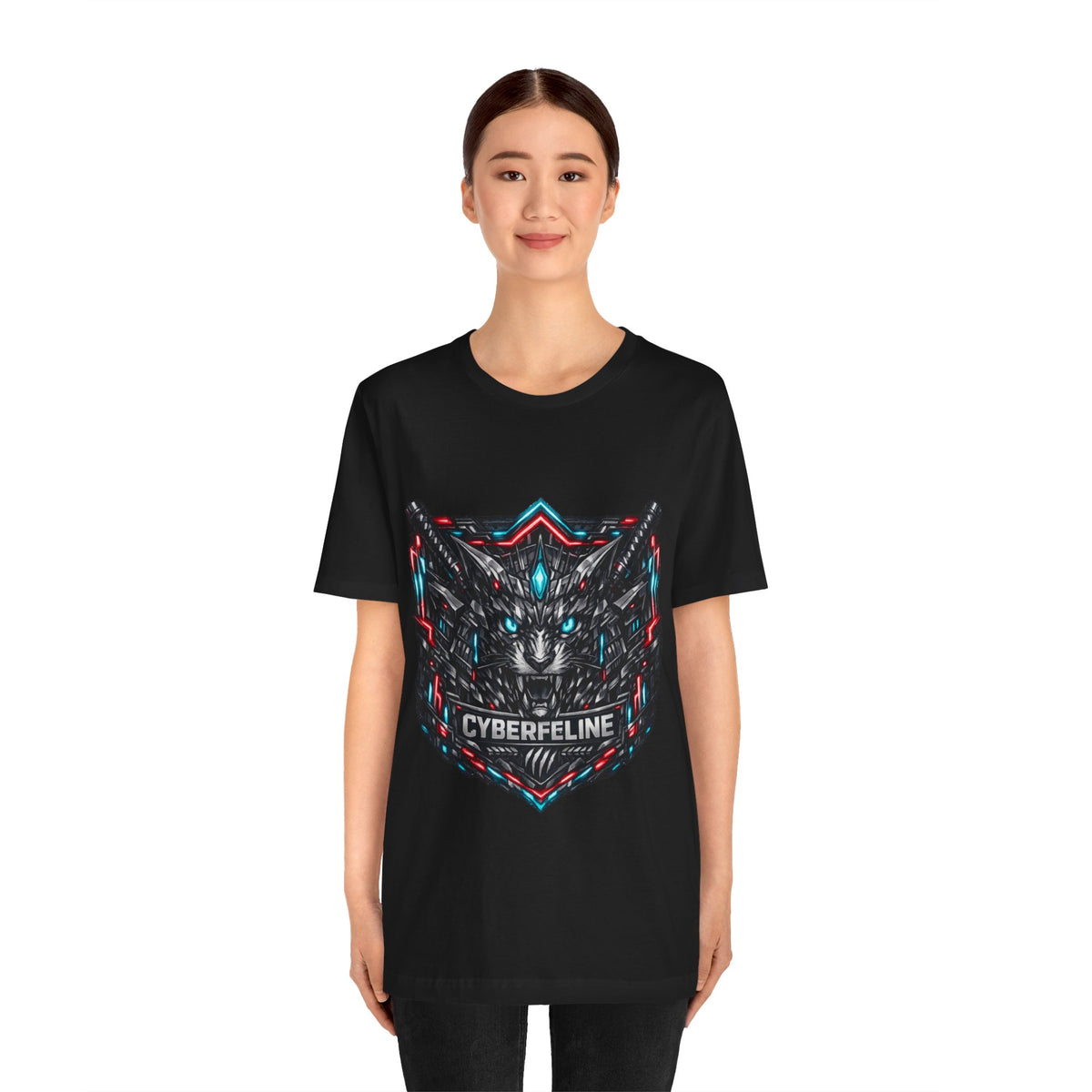 T-shirt graphique chat cyberpunk néon — D78 Cyberfeline