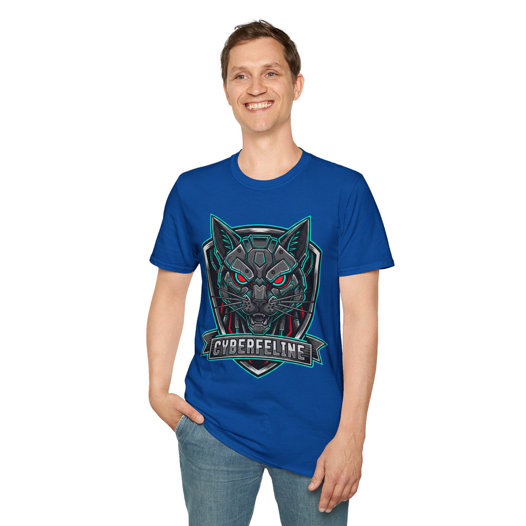 Cyber Wolf T-Shirt — Futuristic Neon Gamer Tee with 'Cyborg Feline' Badge