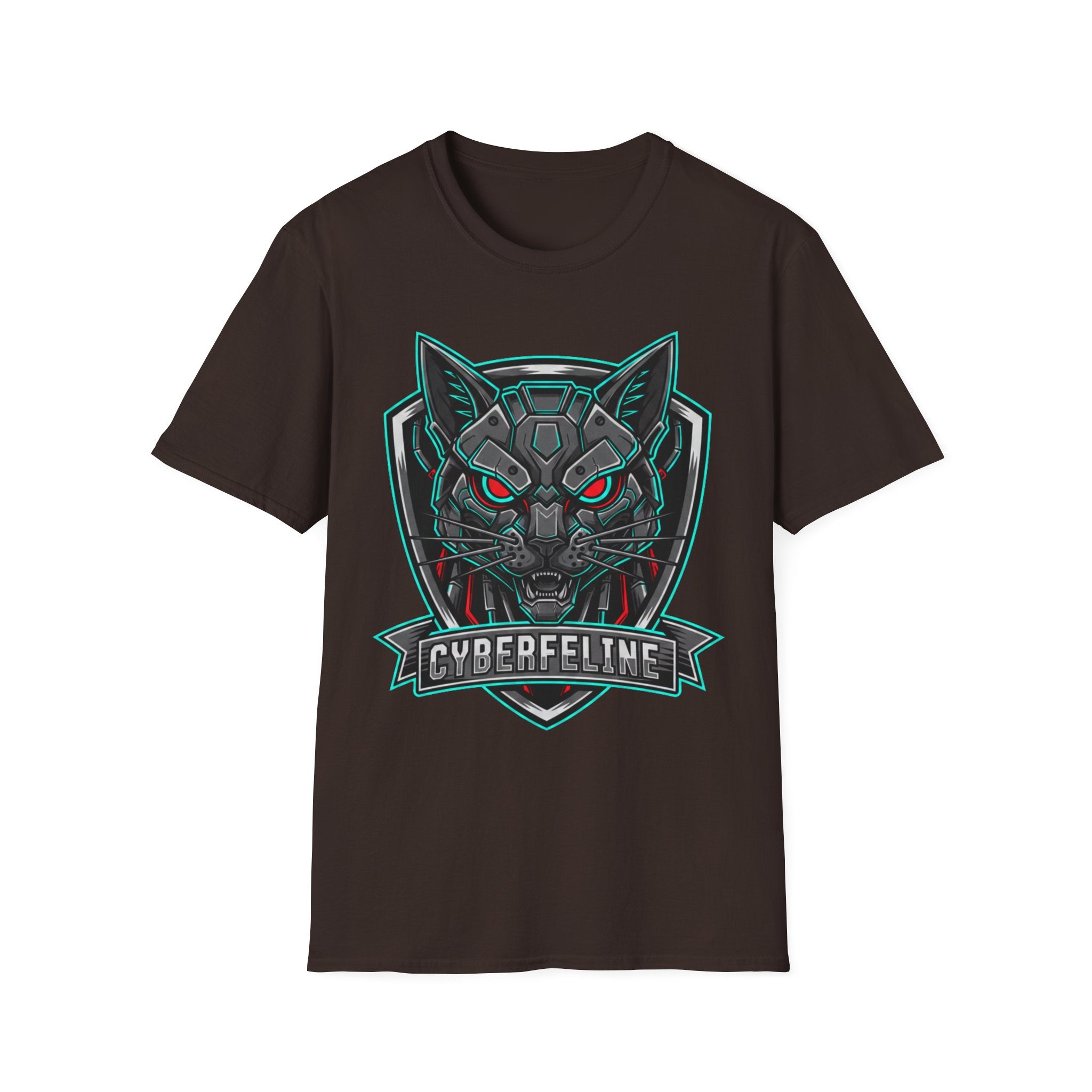 Cyber Wolf T-Shirt — Futuristic Neon Gamer Tee with 'Cyborg Feline' Badge