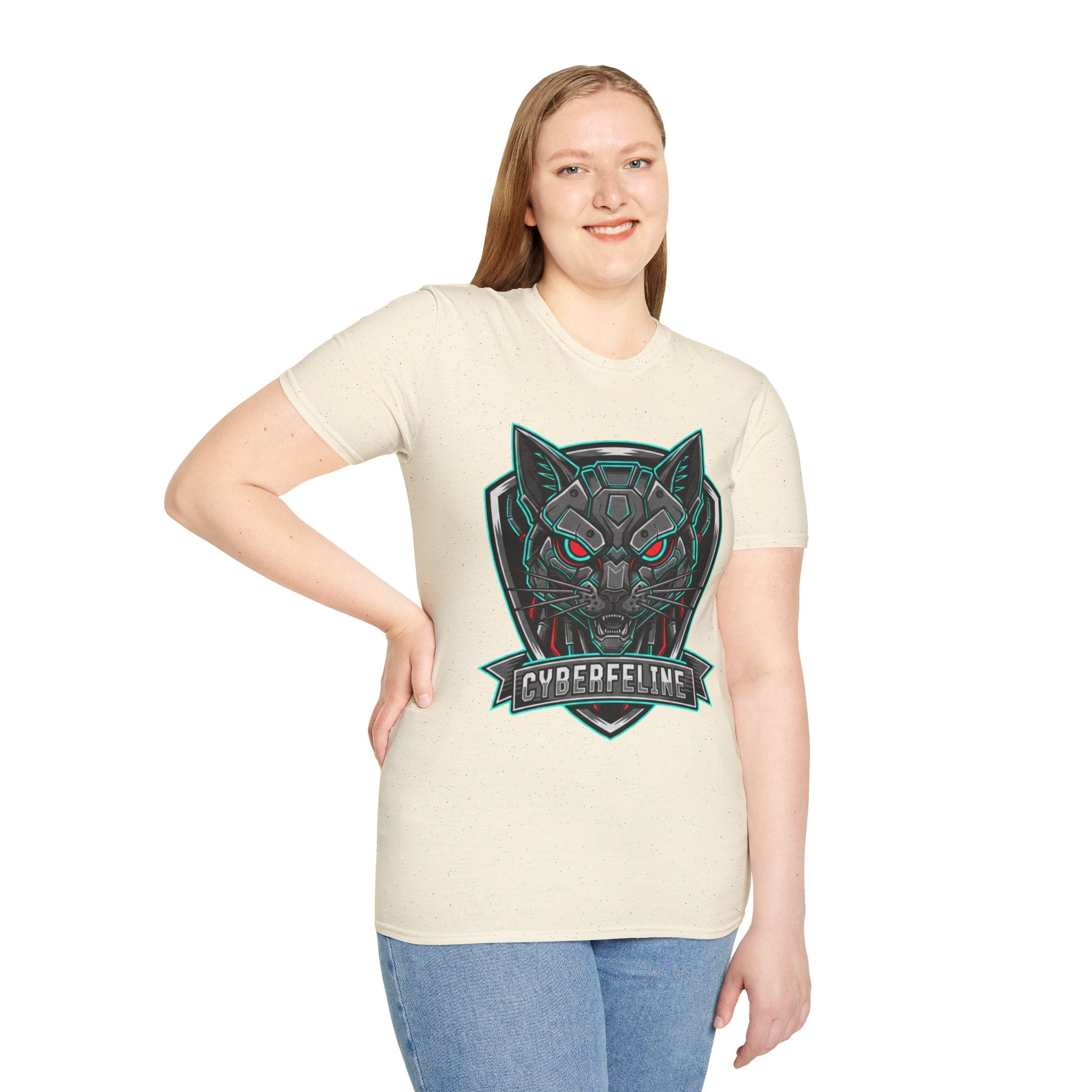 Cyber Wolf T-Shirt — Futuristic Neon Gamer Tee with 'Cyborg Feline' Badge