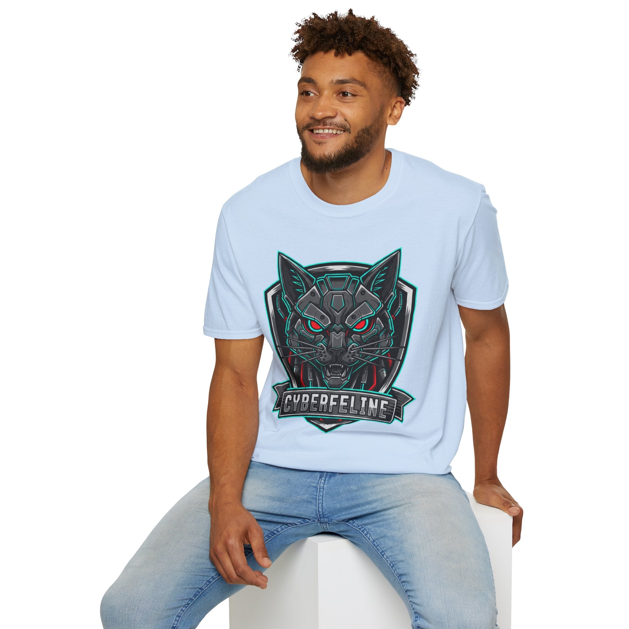 Cyber Wolf T-Shirt — Futuristic Neon Gamer Tee with 'Cyborg Feline' Badge