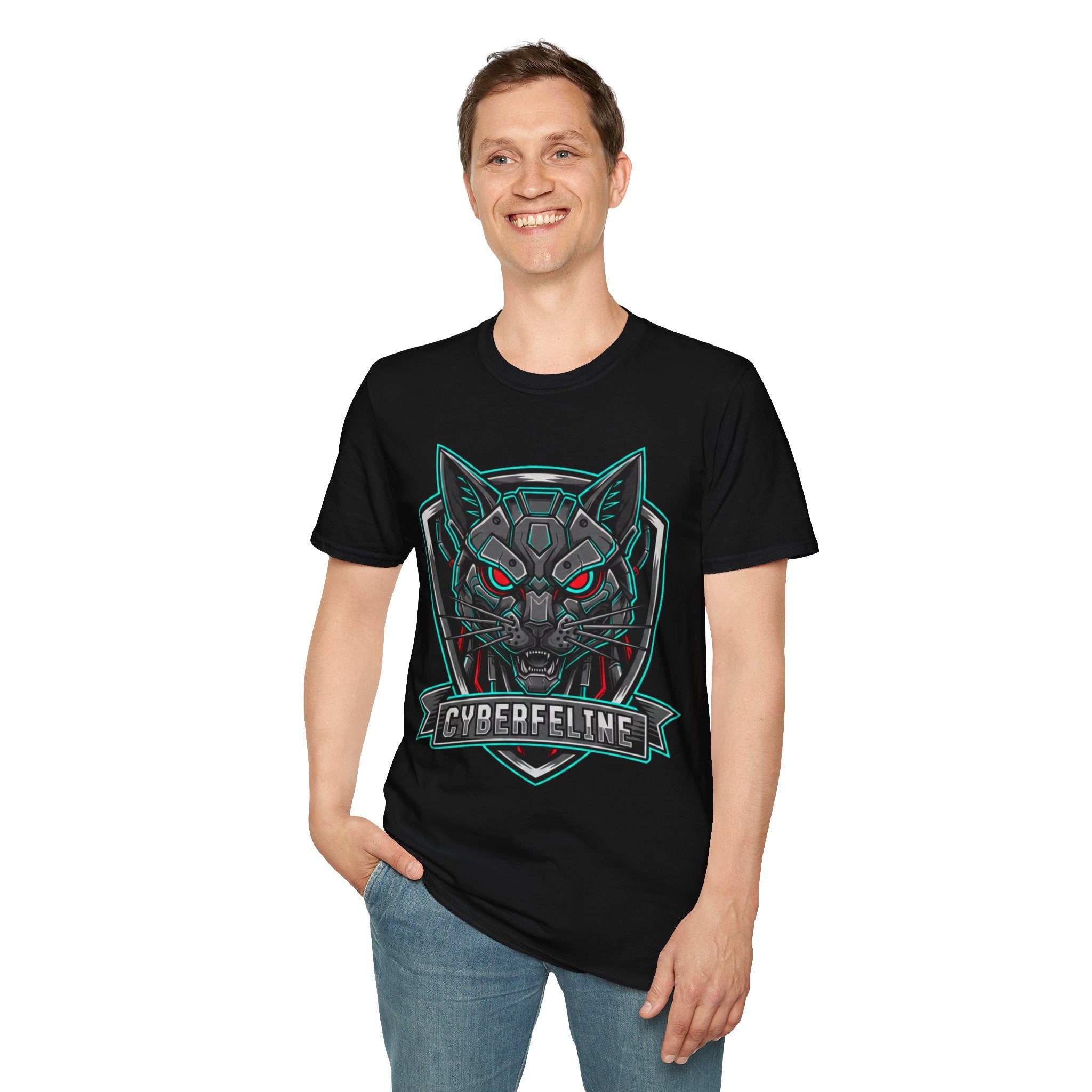 Cyber Wolf T-Shirt — Futuristic Neon Gamer Tee with 'Cyborg Feline' Badge