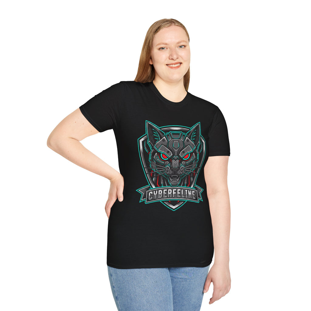 Cyber Wolf T-Shirt — Futuristic Neon Gamer Tee with 'Cyborg Feline' Badge
