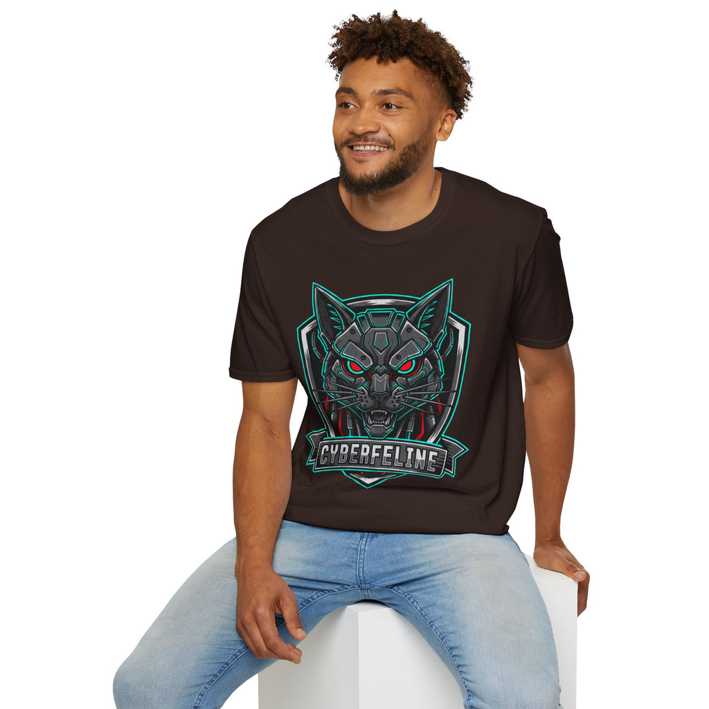 Cyber Wolf T-Shirt — Futuristic Neon Gamer Tee with 'Cyborg Feline' Badge