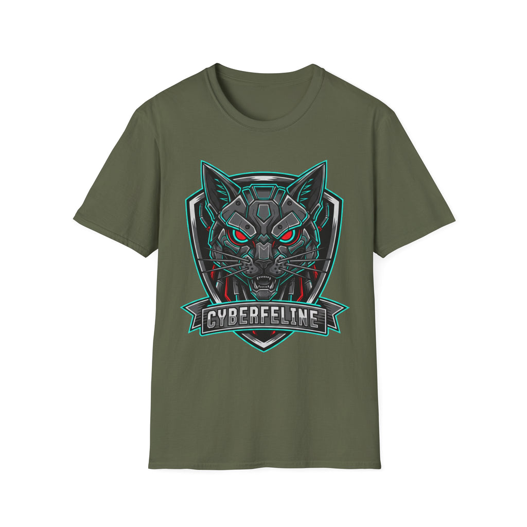 Cyber Wolf T-Shirt — Futuristic Neon Gamer Tee with 'Cyborg Feline' Badge