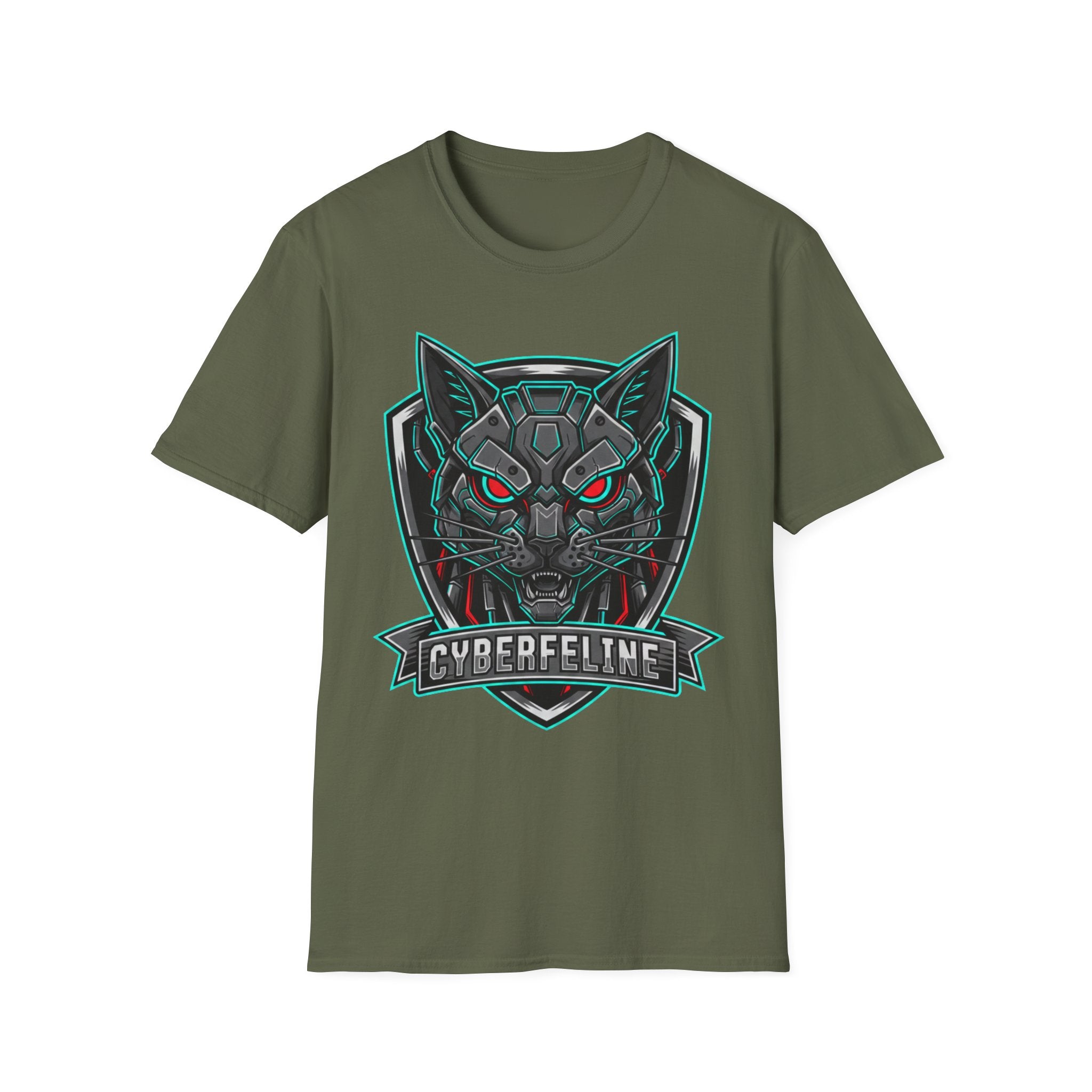 Cyber Wolf T-Shirt — Futuristic Neon Gamer Tee with 'Cyborg Feline' Badge