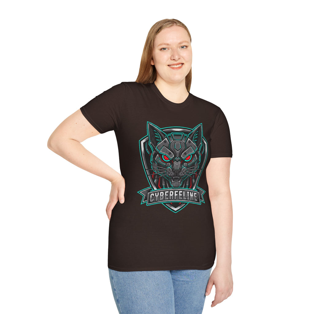 Cyber Wolf T-Shirt — Futuristic Neon Gamer Tee with 'Cyborg Feline' Badge