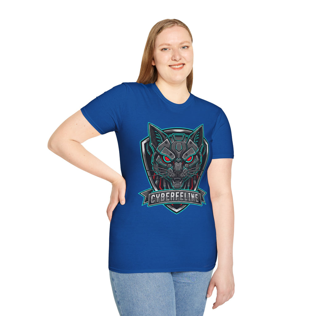 Cyber Wolf T-Shirt — Futuristic Neon Gamer Tee with 'Cyborg Feline' Badge