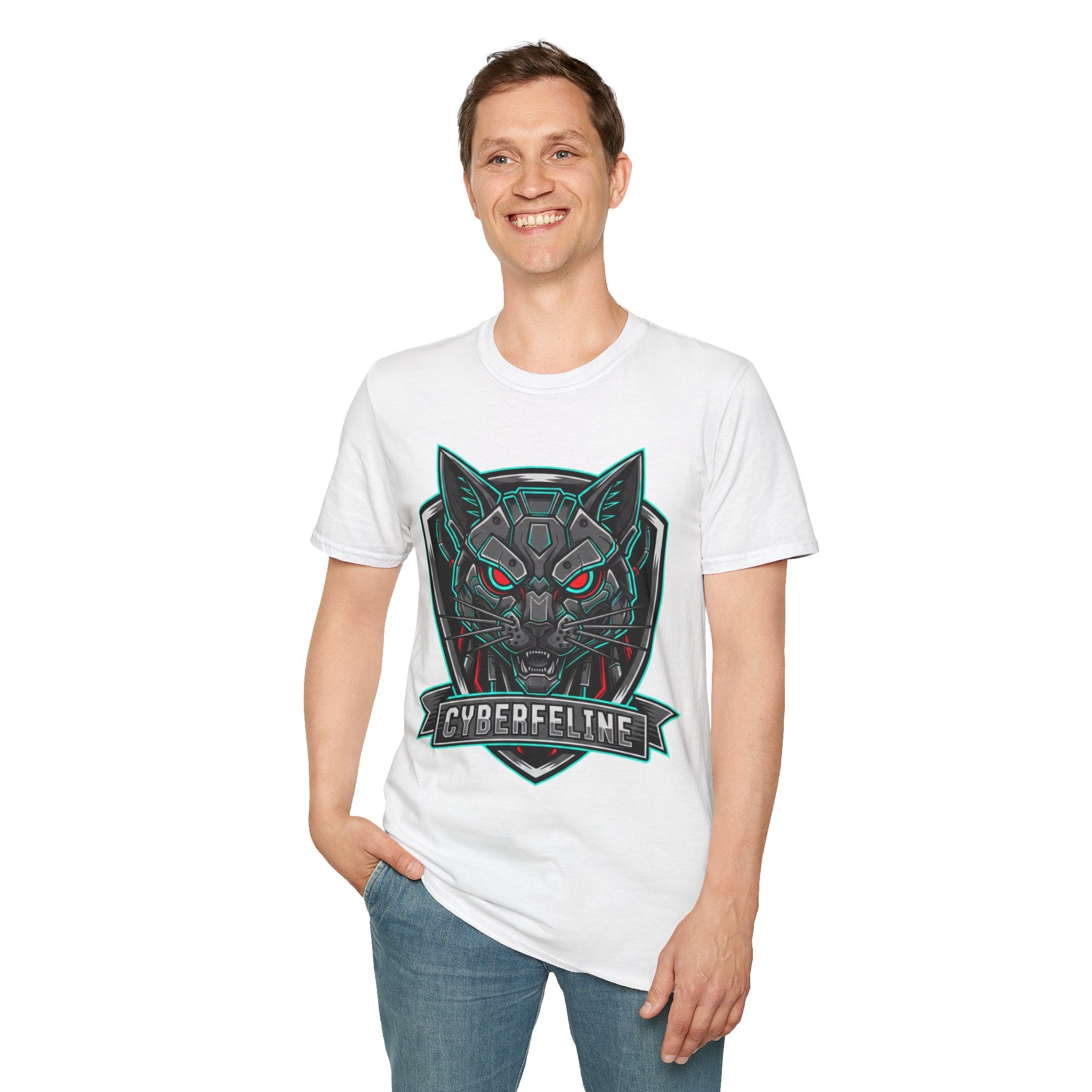 Cyber Wolf T-Shirt — Futuristic Neon Gamer Tee with 'Cyborg Feline' Badge