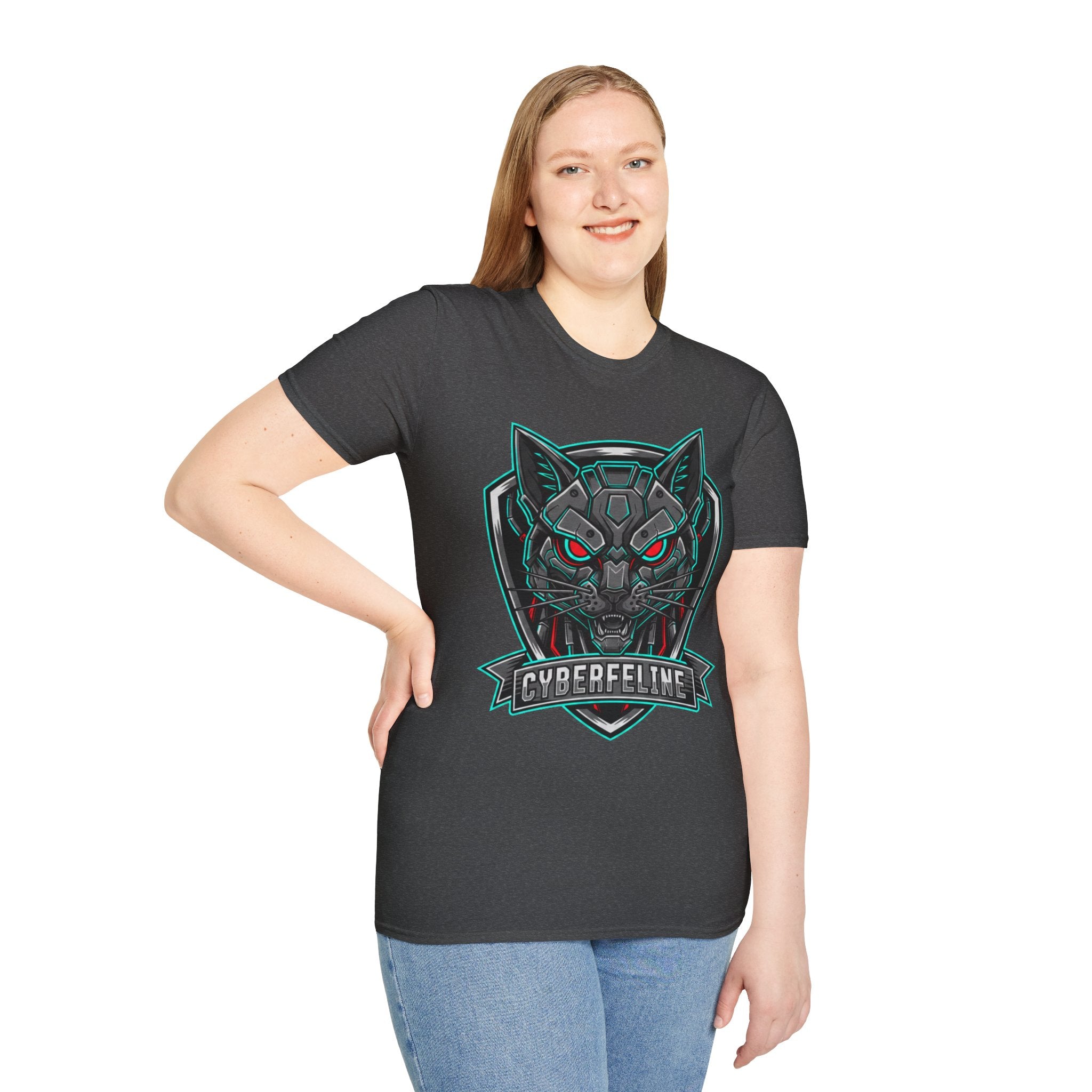 Cyber Wolf T-Shirt — Futuristic Neon Gamer Tee with 'Cyborg Feline' Badge