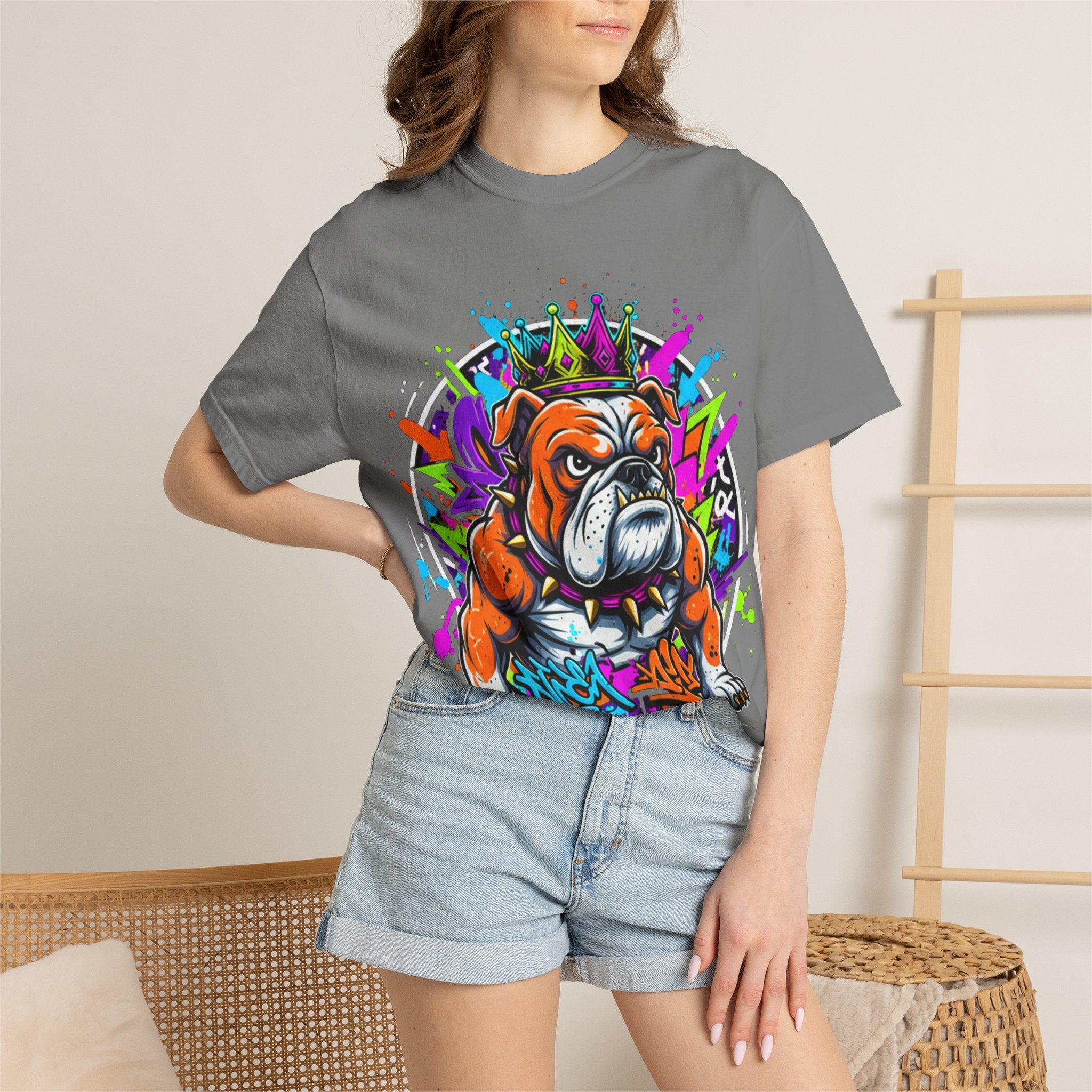 Bulldog Graffiti T-Shirt — Colorful King Crown Streetwear Tee