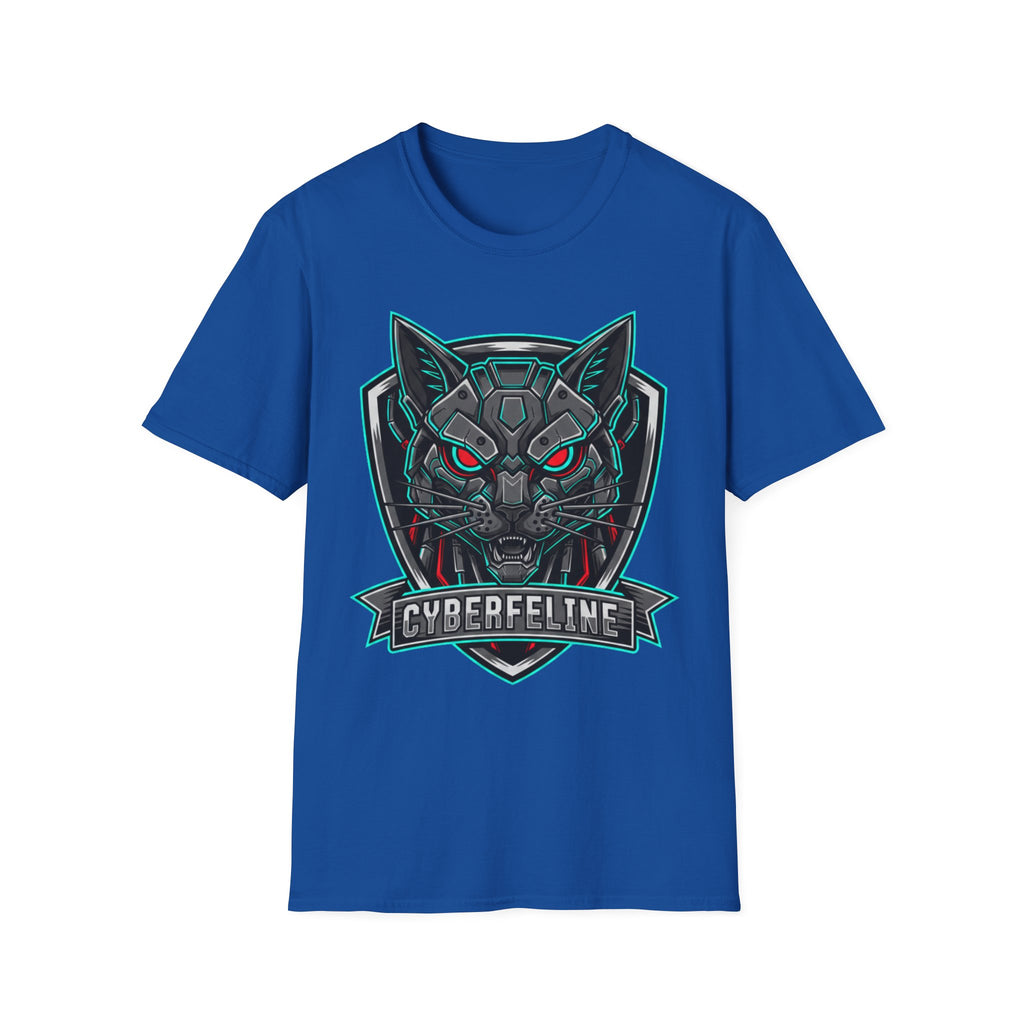 Cyber Wolf T-Shirt — Futuristic Neon Gamer Tee with 'Cyborg Feline' Badge
