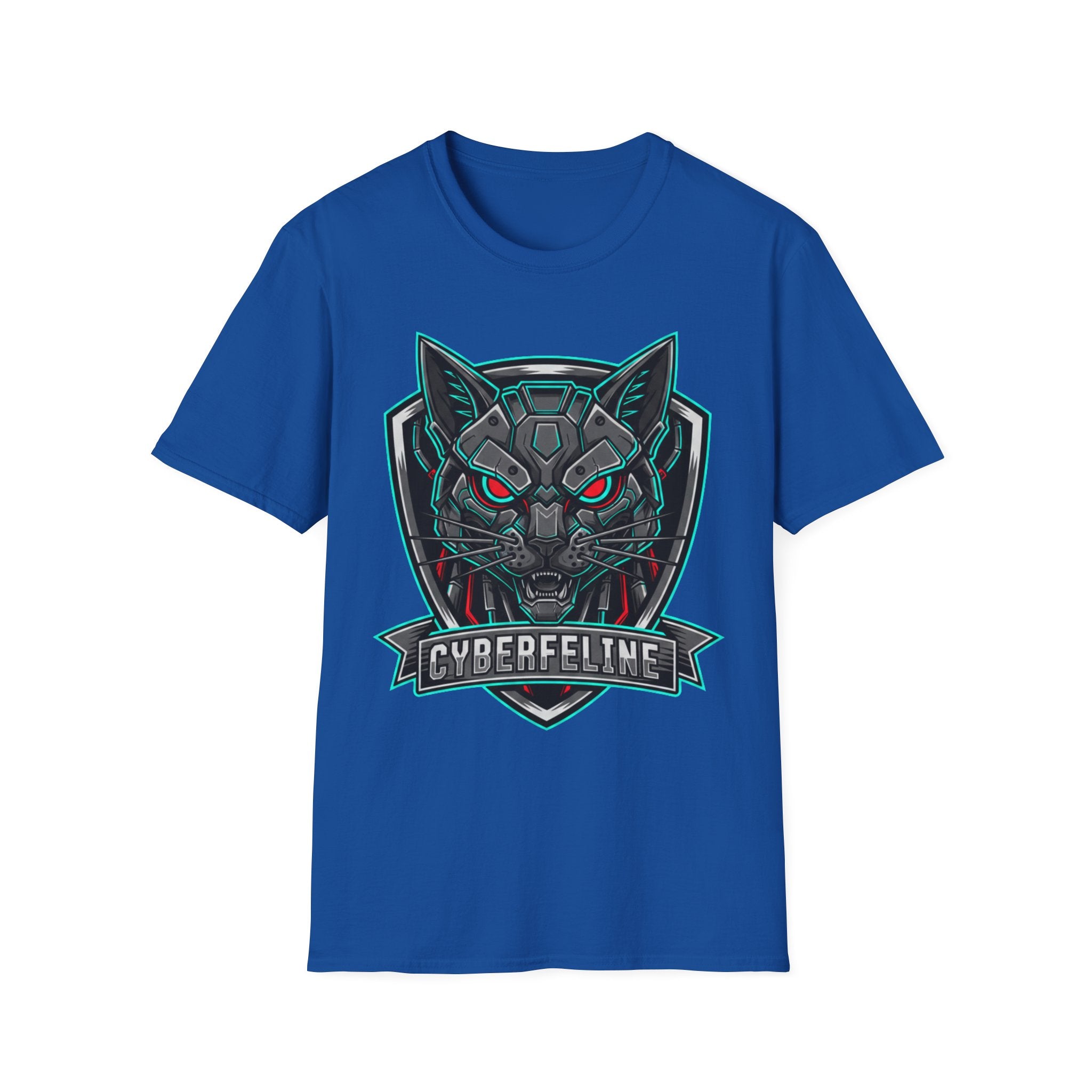 Cyber Wolf T-Shirt — Futuristic Neon Gamer Tee with 'Cyborg Feline' Badge