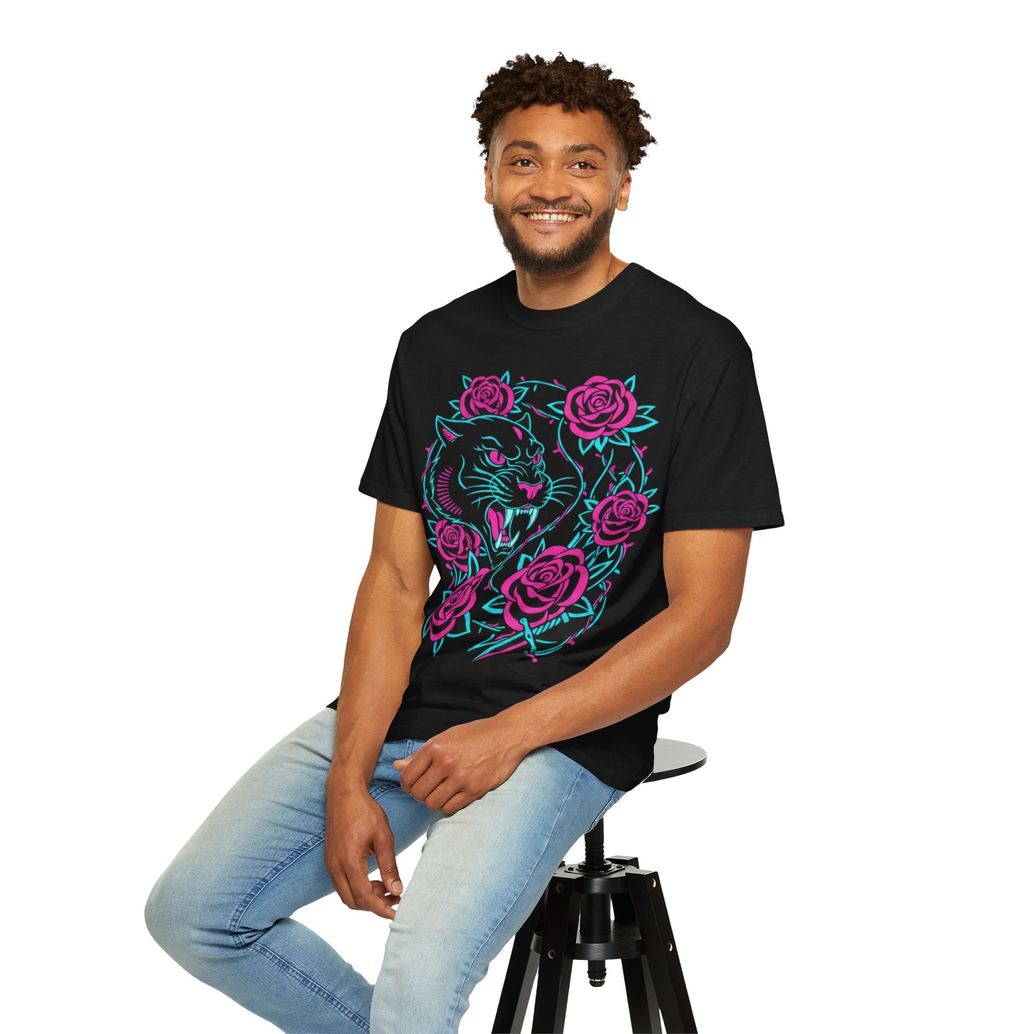 Tiger Skull & Roses T-shirt — Neon Floral Skate Style