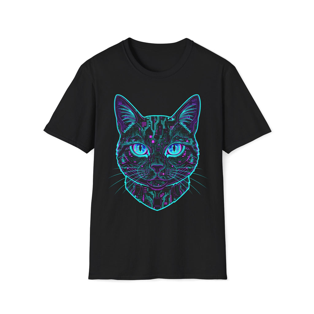 Cyber Circuit Cat T-Shirt — Neon Tech Cat Face Tee