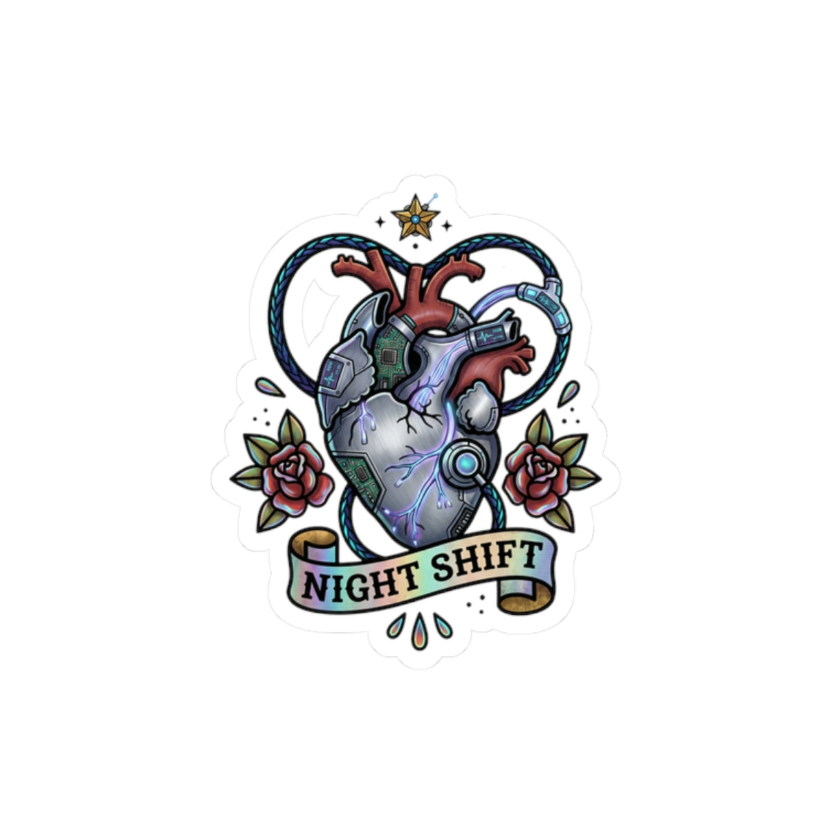 Night Shift Anatomical Heart Sticker | Traditional Tattoo Flash, Rose Banner